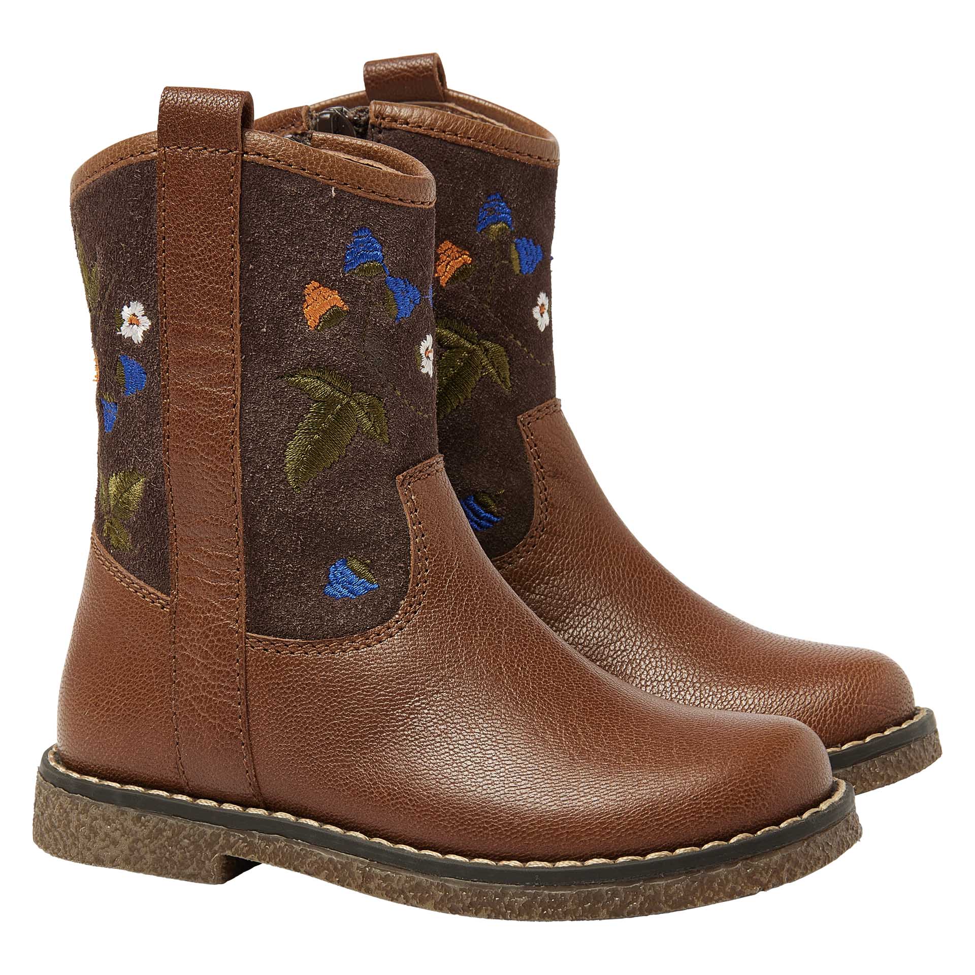 Botte courte cognac avec fermeture éclair et fleurs brodées   pour filles, Kipling