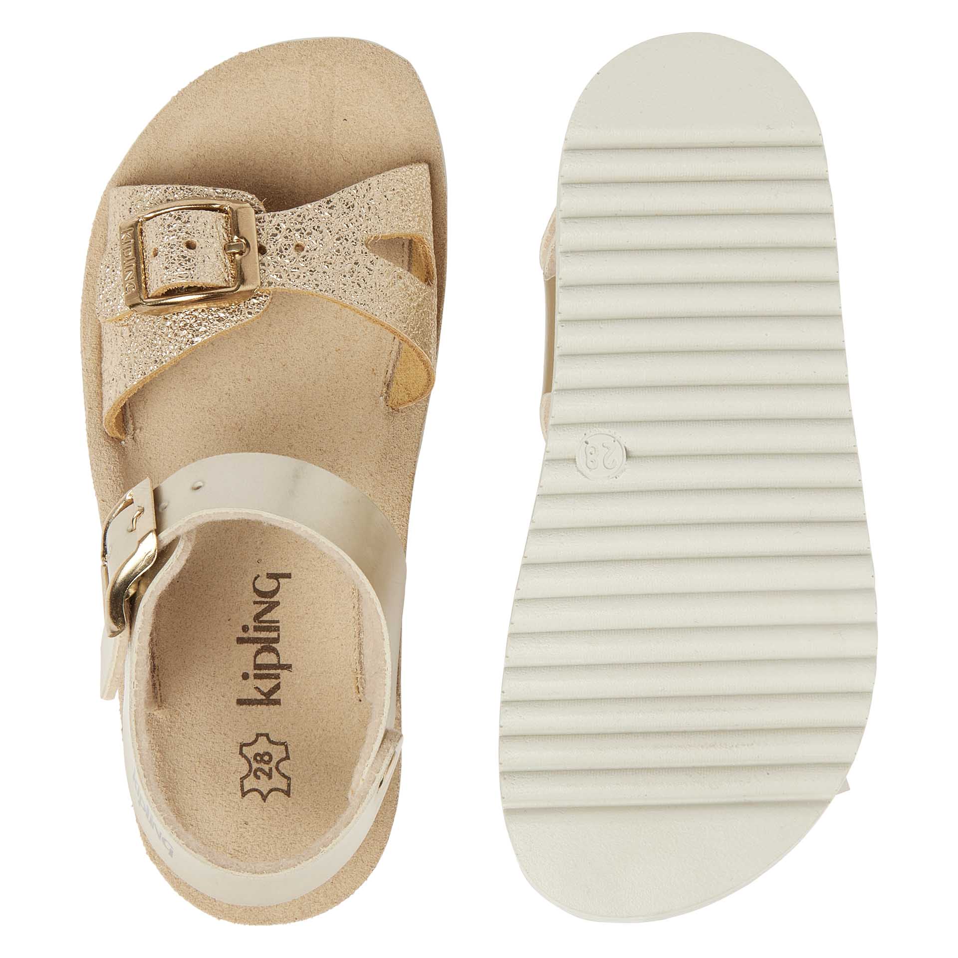 Gouden sandaal voor meisjes met dubbele gesp en een flexibele witte zool, Kipling