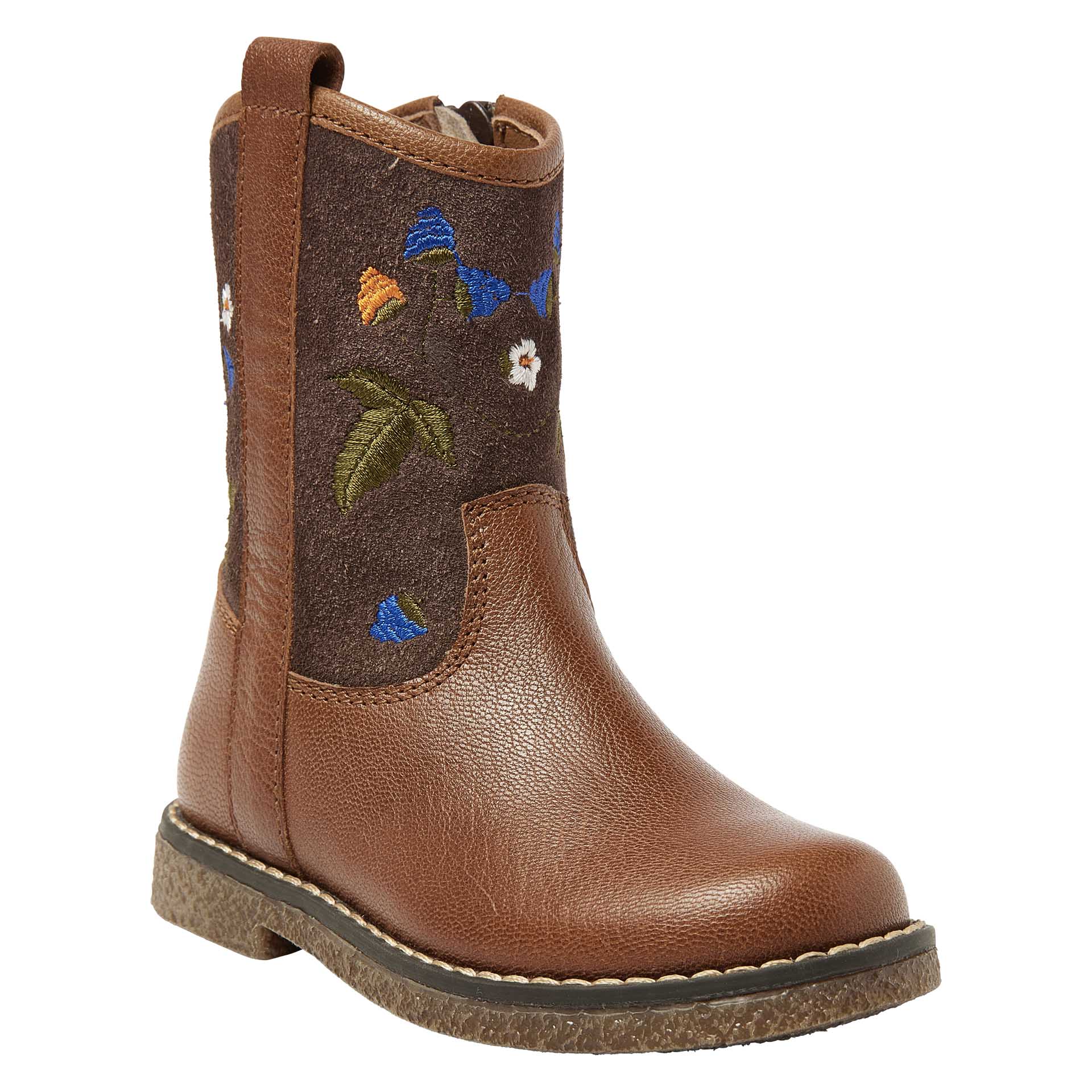 Botte courte cognac avec fermeture éclair et fleurs brodées   pour filles, Kipling