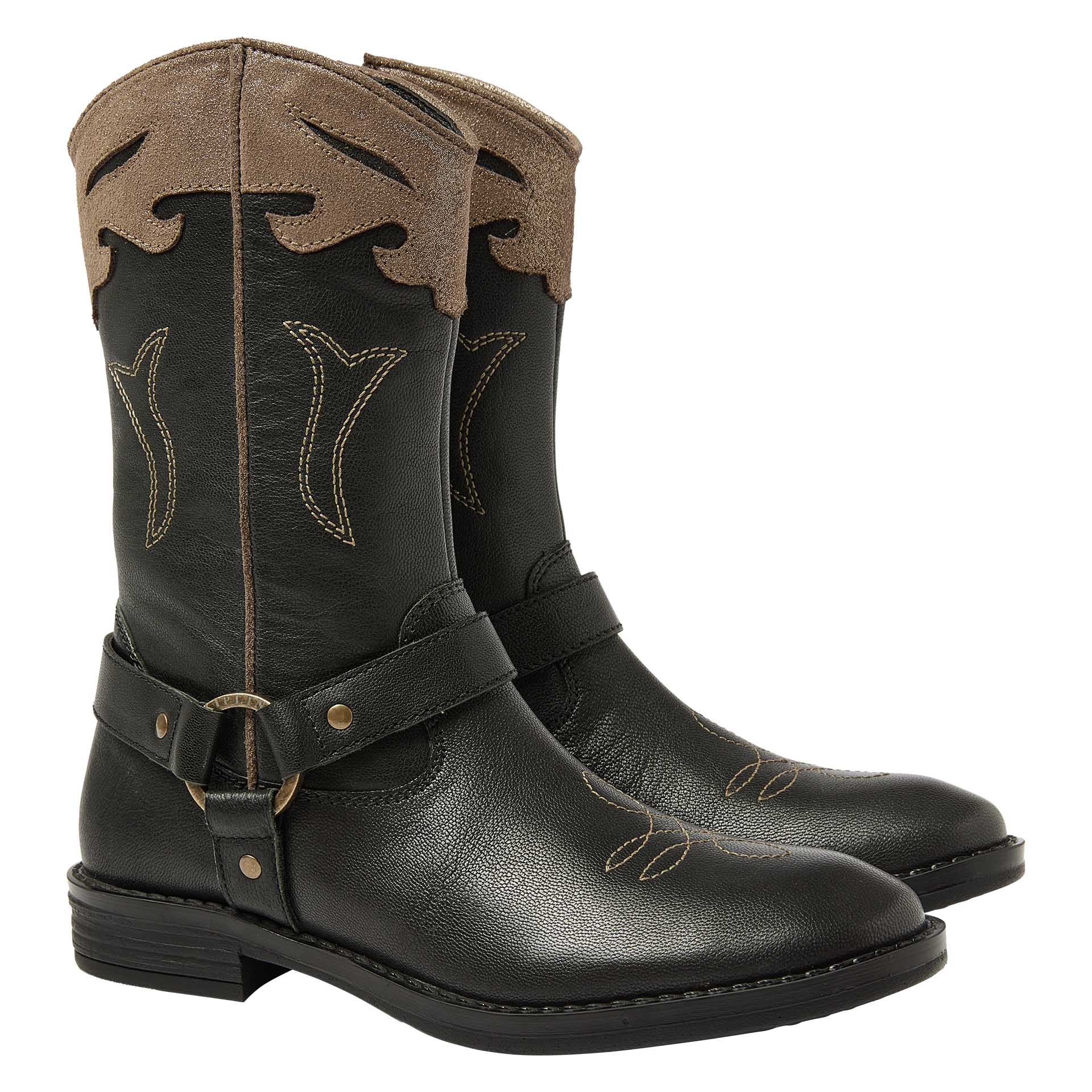 Botte western haute noire avec fermeture éclair et détails dorés   pour filles, Kipling