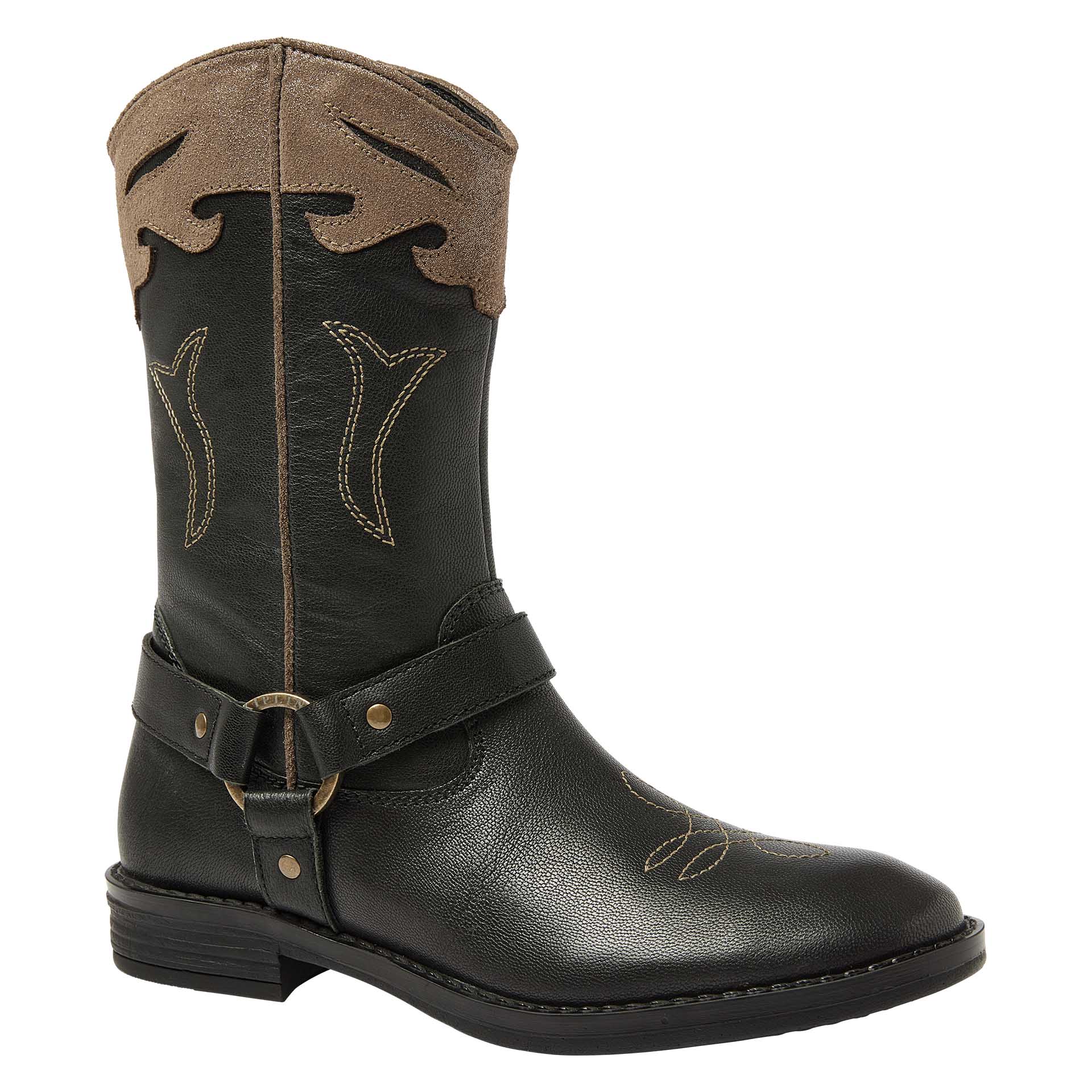 Botte western haute noire avec fermeture éclair et détails dorés   pour filles, Kipling