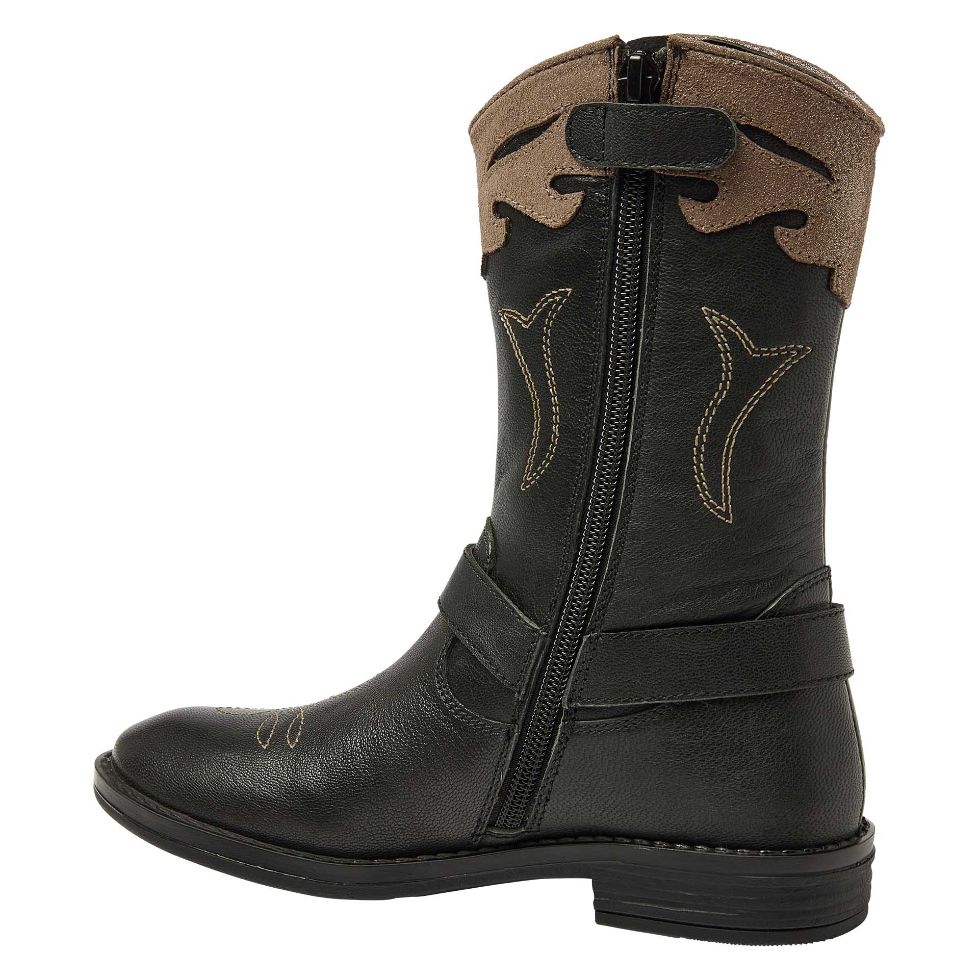 Botte western haute noire avec fermeture éclair et détails dorés   pour filles, Kipling