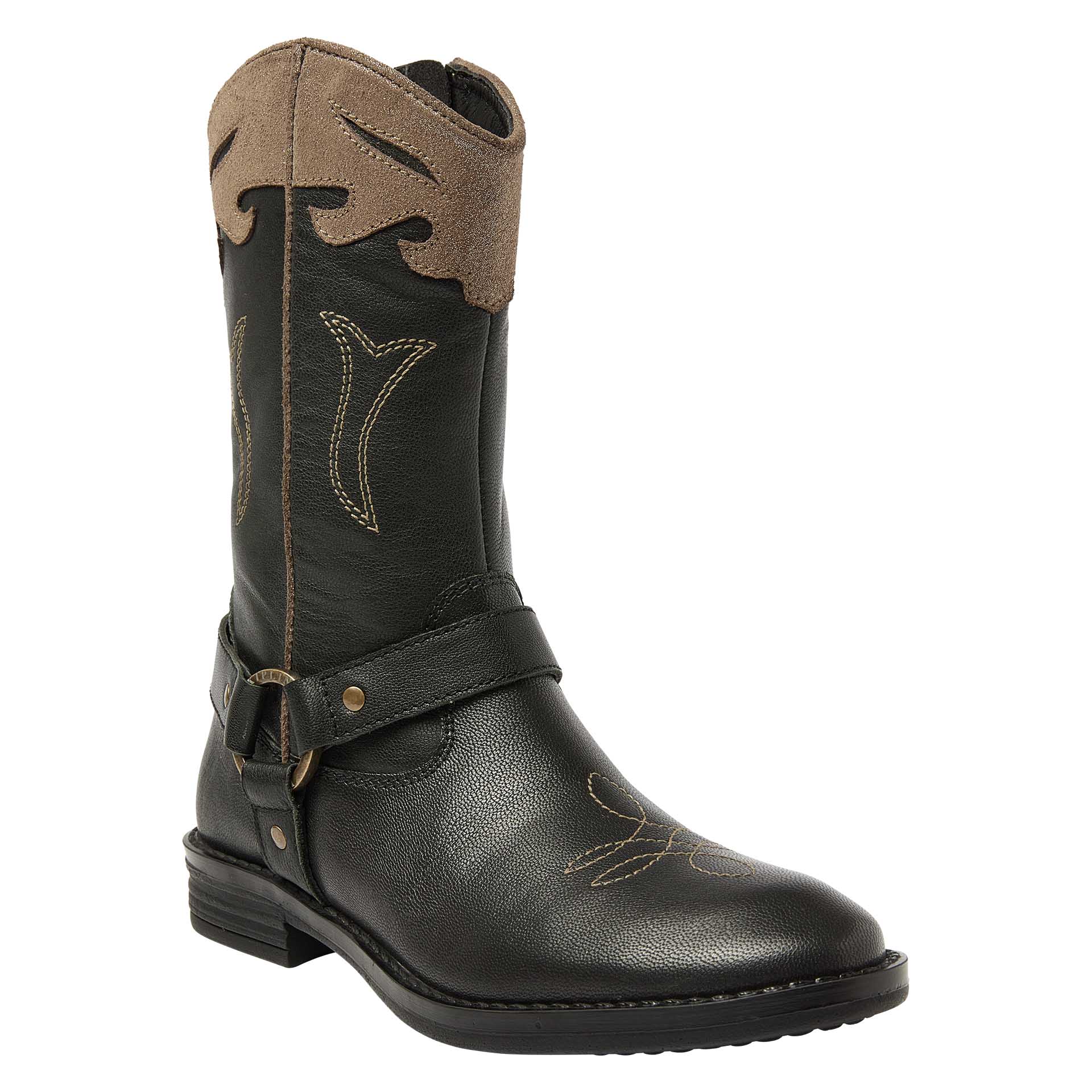 Botte western haute noire avec fermeture éclair et détails dorés   pour filles, Kipling